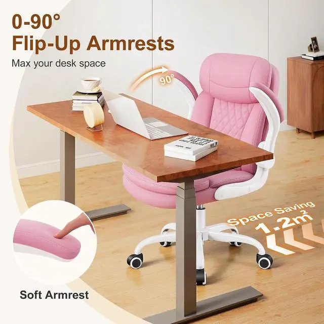 Alt view image 6 of 7 - Leather Office Chair, Upgraded PU Computer Desk Chairs with Double-Layer Seat Cushion and Neckrest, 360°Swivel, Ergonomic Small Gaming Chair with Wheels and Adjustable Armrests for Short People, Pink