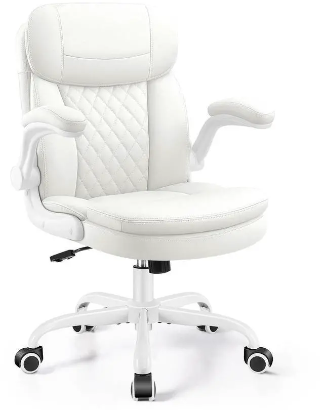 Main image of Leather Office Chair, PU Computer Desk Chairs with Upgraded Double-Layer Seat Cushion and Neckrest, 360°Swivel, Ergonomic Small Gaming Chair with Wheels and Adjustable Armrests for Short People, White
