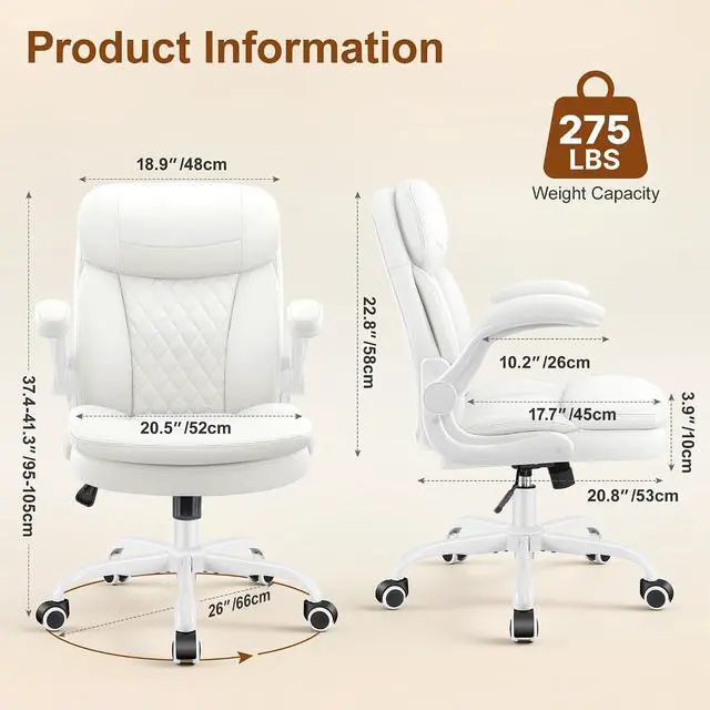 Alt view image 2 of 7 - Leather Office Chair, PU Computer Desk Chairs with Upgraded Double-Layer Seat Cushion and Neckrest, 360°Swivel, Ergonomic Small Gaming Chair with Wheels and Adjustable Armrests for Short People, White