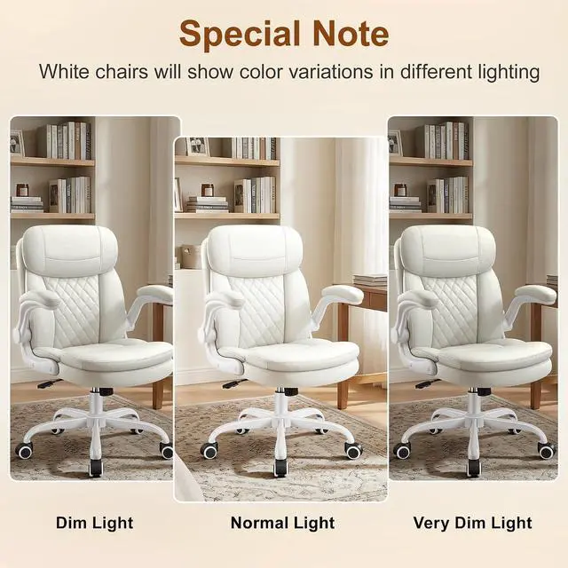 Alt view image 3 of 7 - Leather Office Chair, PU Computer Desk Chairs with Upgraded Double-Layer Seat Cushion and Neckrest, 360°Swivel, Ergonomic Small Gaming Chair with Wheels and Adjustable Armrests for Short People, White