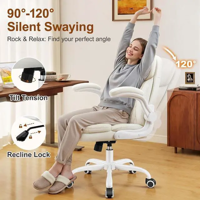 Alt view image 6 of 7 - Leather Office Chair, PU Computer Desk Chairs with Upgraded Double-Layer Seat Cushion and Neckrest, 360°Swivel, Ergonomic Small Gaming Chair with Wheels and Adjustable Armrests for Short People, White