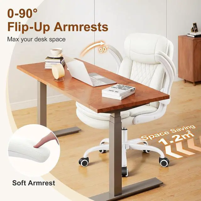 Alt view image 7 of 7 - Leather Office Chair, PU Computer Desk Chairs with Upgraded Double-Layer Seat Cushion and Neckrest, 360°Swivel, Ergonomic Small Gaming Chair with Wheels and Adjustable Armrests for Short People, White