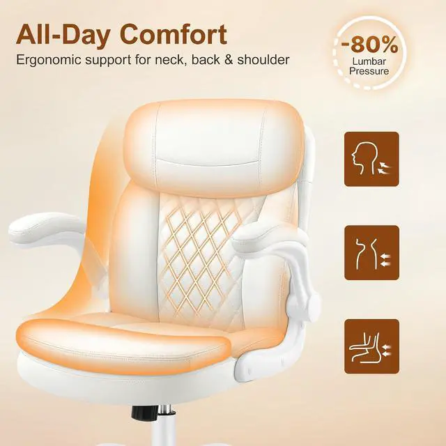 Alt view image 5 of 7 - Leather Office Chair, PU Computer Desk Chairs with Upgraded Double-Layer Seat Cushion and Neckrest, 360°Swivel, Ergonomic Small Gaming Chair with Wheels and Adjustable Armrests for Short People, White