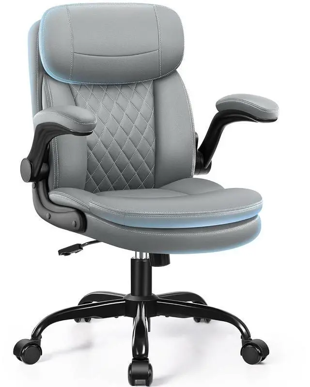 Main image of Leather Office Chair, Upgraded PU Computer Desk Chairs with Double-Layer Seat Cushion and Neckrest, 360°Swivel, Ergonomic Small Gaming Chair with Wheels and Adjustable Armrests for Short People, Grey