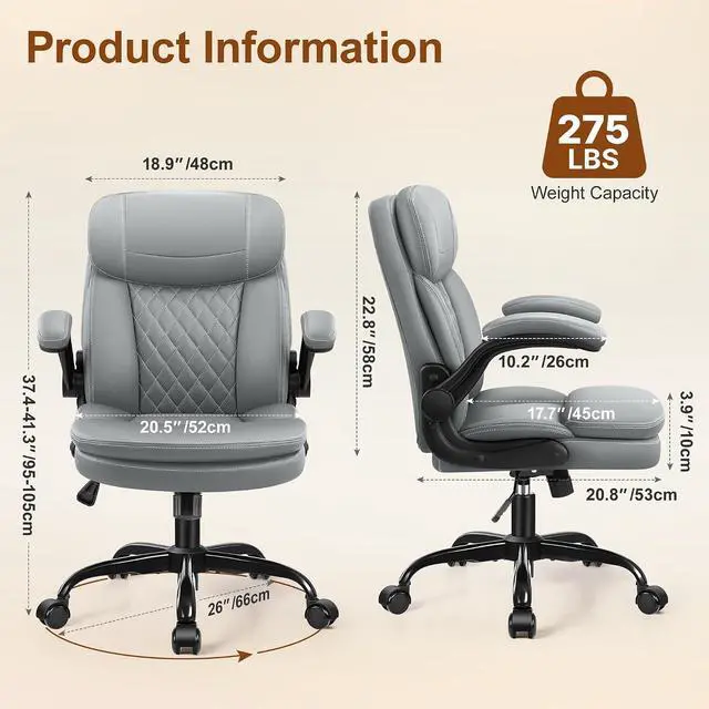 Alt view image 2 of 7 - Leather Office Chair, Upgraded PU Computer Desk Chairs with Double-Layer Seat Cushion and Neckrest, 360°Swivel, Ergonomic Small Gaming Chair with Wheels and Adjustable Armrests for Short People, Grey