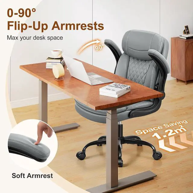 Alt view image 6 of 7 - Leather Office Chair, Upgraded PU Computer Desk Chairs with Double-Layer Seat Cushion and Neckrest, 360°Swivel, Ergonomic Small Gaming Chair with Wheels and Adjustable Armrests for Short People, Grey