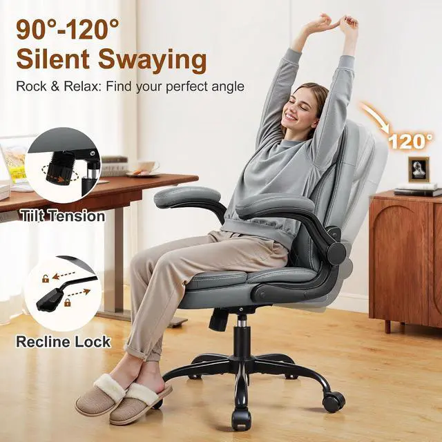 Alt view image 7 of 7 - Leather Office Chair, Upgraded PU Computer Desk Chairs with Double-Layer Seat Cushion and Neckrest, 360°Swivel, Ergonomic Small Gaming Chair with Wheels and Adjustable Armrests for Short People, Grey