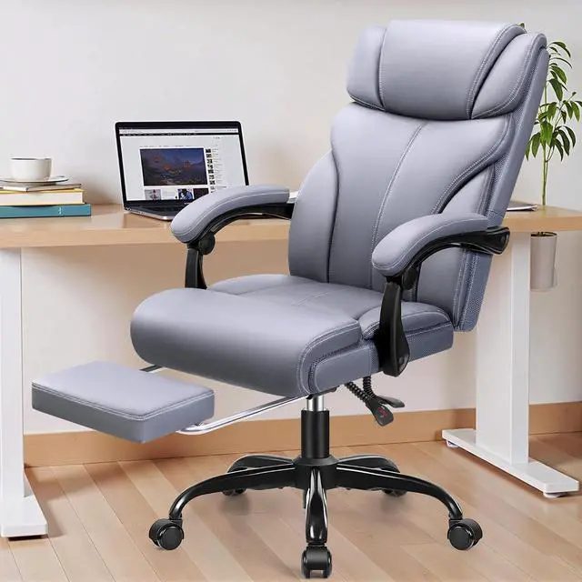 Main image of Big and Tall Office Chair with Foot Rest, 400lbs Ergonomic Reclining High Back Executive Leather Chair, Lumbar Support Swivel Computer Desk Chairs for Heavy People Home Office Gaming(Gray)