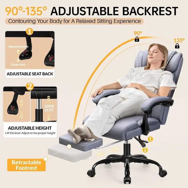 Alt view image 3 of 7 - Big and Tall Office Chair with Foot Rest, 400lbs Ergonomic Reclining High Back Executive Leather Chair, Lumbar Support Swivel Computer Desk Chairs for Heavy People Home Office Gaming(Gray)