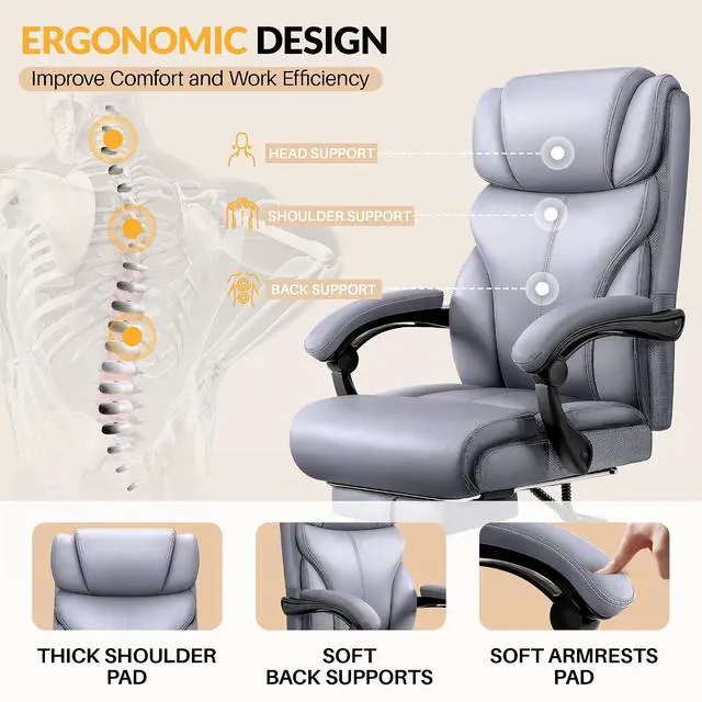 Alt view image 4 of 7 - Big and Tall Office Chair with Foot Rest, 400lbs Ergonomic Reclining High Back Executive Leather Chair, Lumbar Support Swivel Computer Desk Chairs for Heavy People Home Office Gaming(Gray)