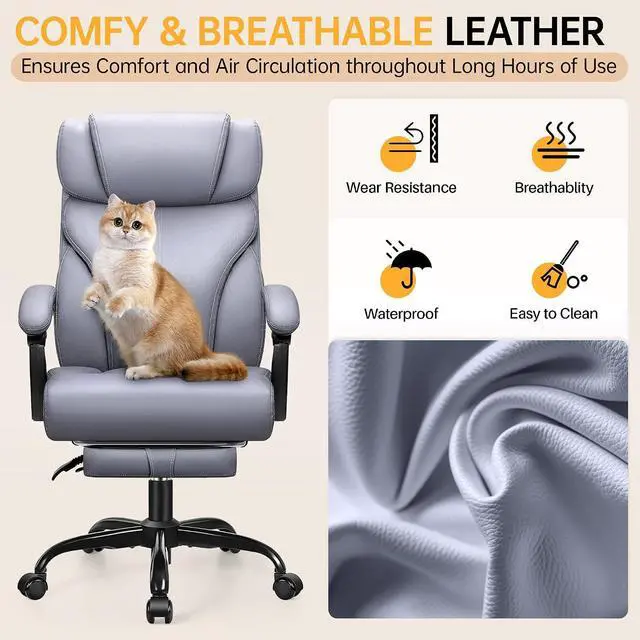 Alt view image 7 of 7 - Big and Tall Office Chair with Foot Rest, 400lbs Ergonomic Reclining High Back Executive Leather Chair, Lumbar Support Swivel Computer Desk Chairs for Heavy People Home Office Gaming(Gray)