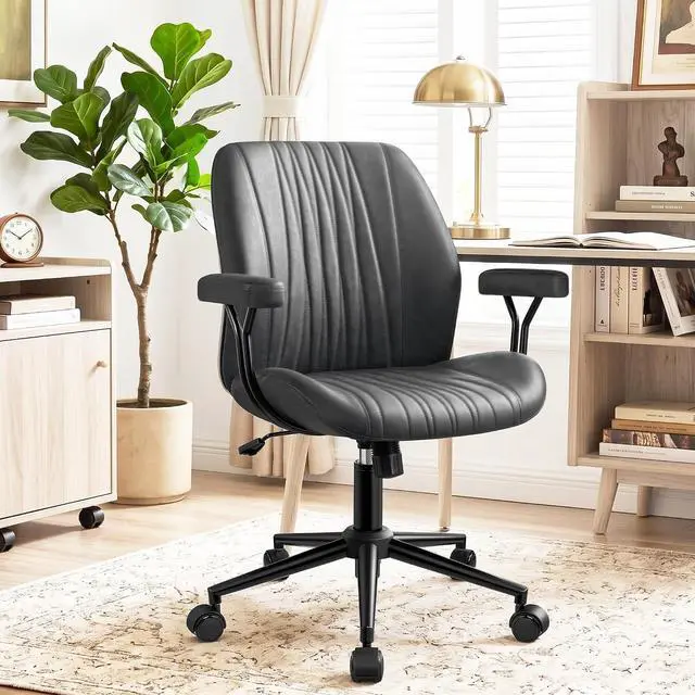 Main image of Home Office Desk Chair with Removable Armrests, Modern PU Leather Executive Chair, Height-Adjustable Rocking Swivel, Mid-Back Ergonomic Computer Chair with Lumbar Support, Gray