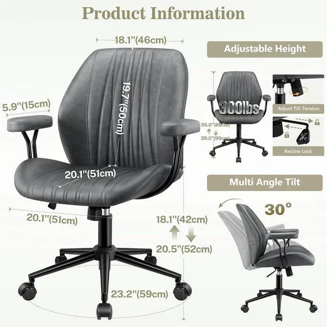Alt view image 2 of 7 - Home Office Desk Chair with Removable Armrests, Modern PU Leather Executive Chair, Height-Adjustable Rocking Swivel, Mid-Back Ergonomic Computer Chair with Lumbar Support, Gray