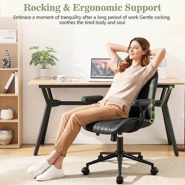 Alt view image 4 of 7 - Home Office Desk Chair with Removable Armrests, Modern PU Leather Executive Chair, Height-Adjustable Rocking Swivel, Mid-Back Ergonomic Computer Chair with Lumbar Support, Gray