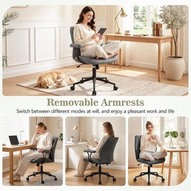 Alt view image 5 of 7 - Home Office Desk Chair with Removable Armrests, Modern PU Leather Executive Chair, Height-Adjustable Rocking Swivel, Mid-Back Ergonomic Computer Chair with Lumbar Support, Gray