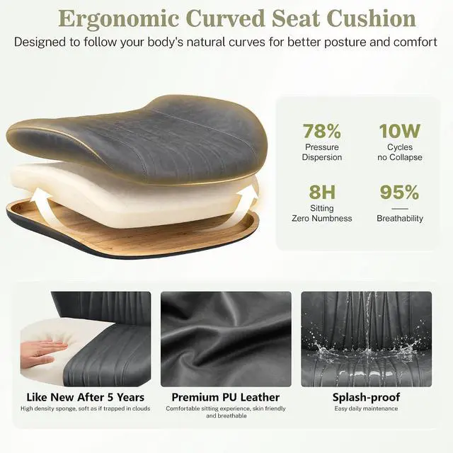Alt view image 6 of 7 - Home Office Desk Chair with Removable Armrests, Modern PU Leather Executive Chair, Height-Adjustable Rocking Swivel, Mid-Back Ergonomic Computer Chair with Lumbar Support, Gray
