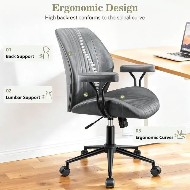 Alt view image 7 of 7 - Home Office Desk Chair with Removable Armrests, Modern PU Leather Executive Chair, Height-Adjustable Rocking Swivel, Mid-Back Ergonomic Computer Chair with Lumbar Support, Gray