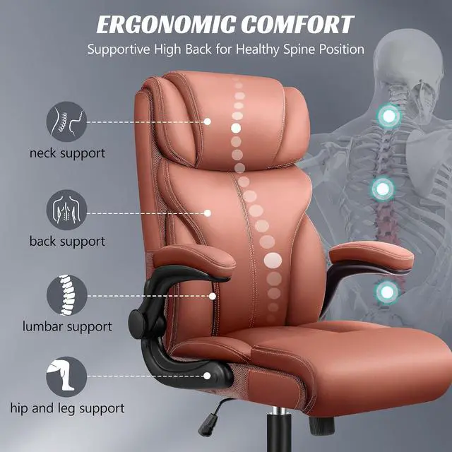 Alt view image 4 of 7 - Office Chair, Ergonomic Big and Tall Computer Desk Chairs, Executive Breathable Leather Chair with Adjustable Flip-up Armrests, Lumbar Support Swivel PC Chair with Rocking Function,Matte Brown
