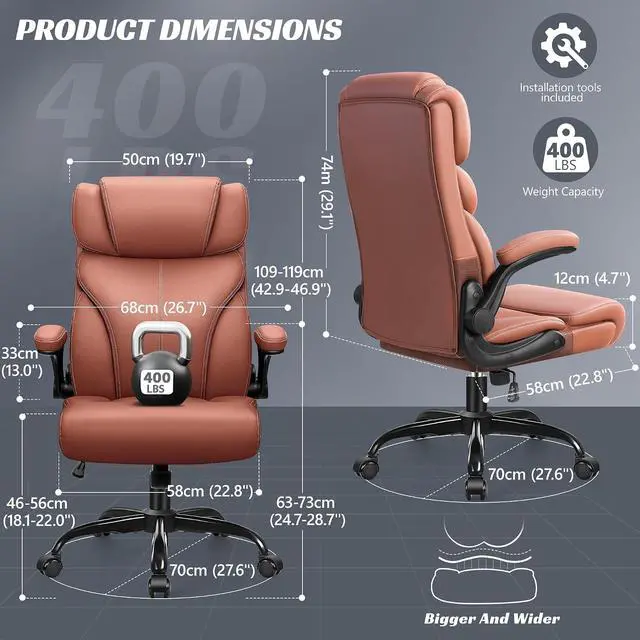 Alt view image 2 of 7 - Office Chair, Ergonomic Big and Tall Computer Desk Chairs, Executive Breathable Leather Chair with Adjustable Flip-up Armrests, Lumbar Support Swivel PC Chair with Rocking Function,Matte Brown