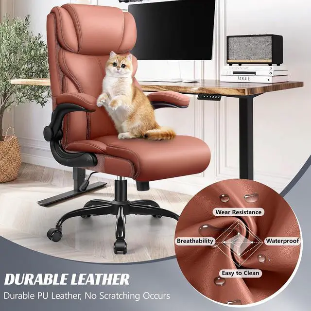 Alt view image 3 of 7 - Office Chair, Ergonomic Big and Tall Computer Desk Chairs, Executive Breathable Leather Chair with Adjustable Flip-up Armrests, Lumbar Support Swivel PC Chair with Rocking Function,Matte Brown