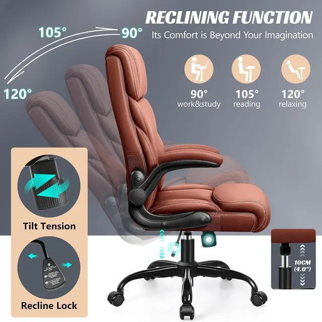 Alt view image 5 of 7 - Office Chair, Ergonomic Big and Tall Computer Desk Chairs, Executive Breathable Leather Chair with Adjustable Flip-up Armrests, Lumbar Support Swivel PC Chair with Rocking Function,Matte Brown