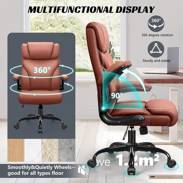 Alt view image 6 of 7 - Office Chair, Ergonomic Big and Tall Computer Desk Chairs, Executive Breathable Leather Chair with Adjustable Flip-up Armrests, Lumbar Support Swivel PC Chair with Rocking Function,Matte Brown