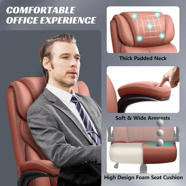 Alt view image 7 of 7 - Office Chair, Ergonomic Big and Tall Computer Desk Chairs, Executive Breathable Leather Chair with Adjustable Flip-up Armrests, Lumbar Support Swivel PC Chair with Rocking Function,Matte Brown
