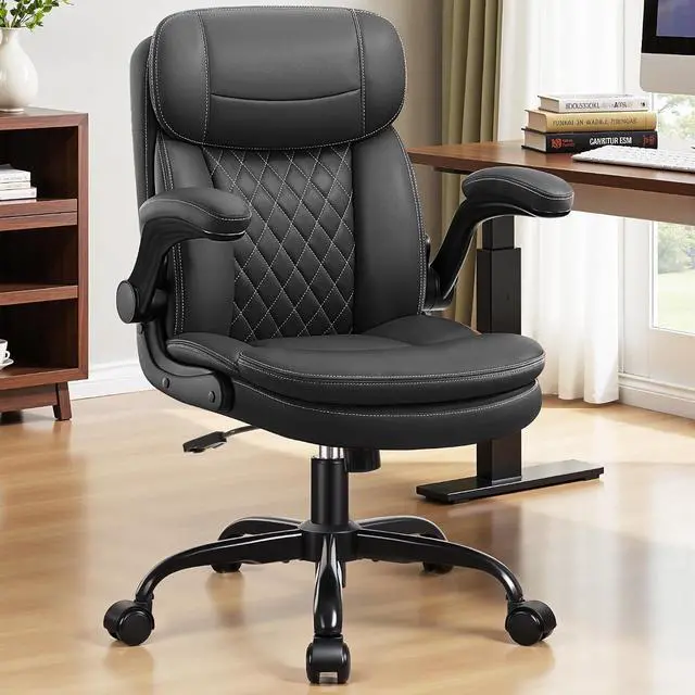 Alt view image 2 of 7 - Leather Office Chair, Full Upgraded Computer Desk Chairs with Double-Layer Cushion and Neckrest, Ergonomic Small Gaming Chair with 360° Wheels and Adjustable Armrests for Short People, Black, 2026 New