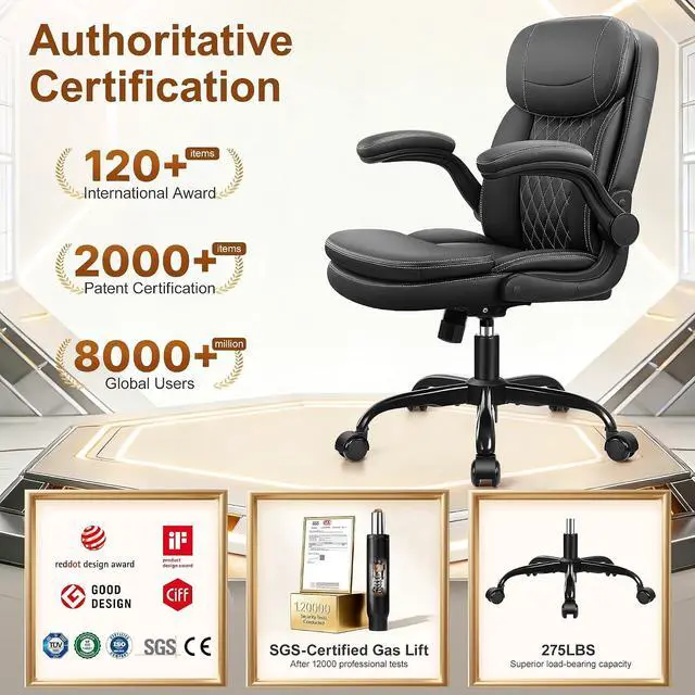 Alt view image 4 of 7 - Leather Office Chair, Full Upgraded Computer Desk Chairs with Double-Layer Cushion and Neckrest, Ergonomic Small Gaming Chair with 360° Wheels and Adjustable Armrests for Short People, Black, 2026 New