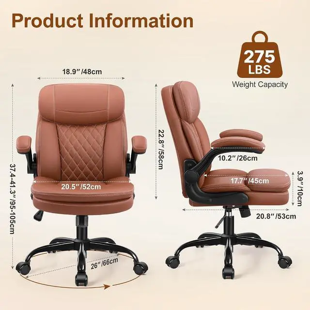 Alt view image 2 of 7 - Leather Office Chair, Upgraded PU Computer Desk Chairs with Double-Layer Seat Cushion and Neckrest, 360°Swivel, Ergonomic Small Gaming Chair with Wheels and Adjustable Armrests for Short People, Brown