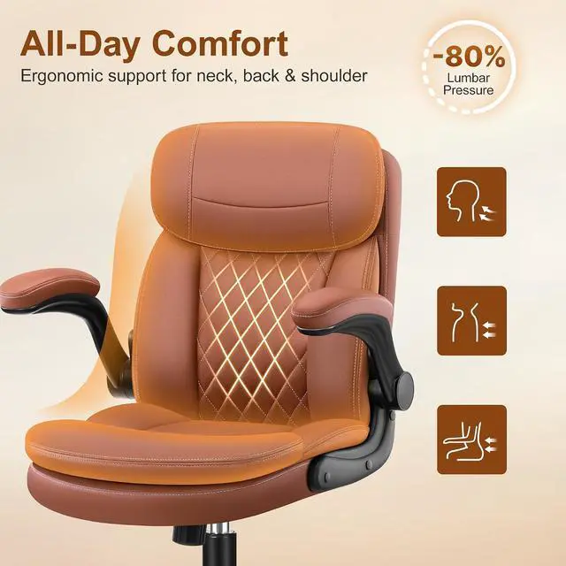 Alt view image 4 of 7 - Leather Office Chair, Upgraded PU Computer Desk Chairs with Double-Layer Seat Cushion and Neckrest, 360°Swivel, Ergonomic Small Gaming Chair with Wheels and Adjustable Armrests for Short People, Brown
