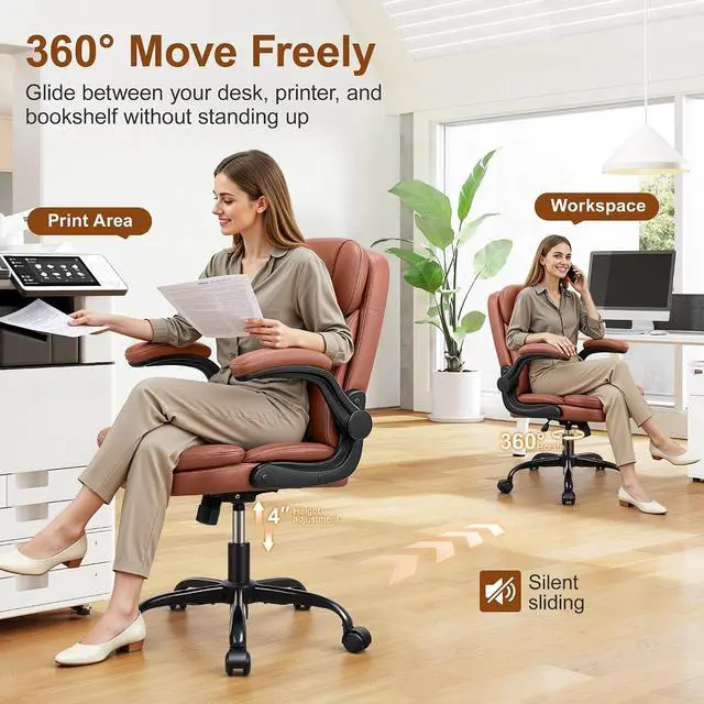 Alt view image 5 of 7 - Leather Office Chair, Upgraded PU Computer Desk Chairs with Double-Layer Seat Cushion and Neckrest, 360°Swivel, Ergonomic Small Gaming Chair with Wheels and Adjustable Armrests for Short People, Brown