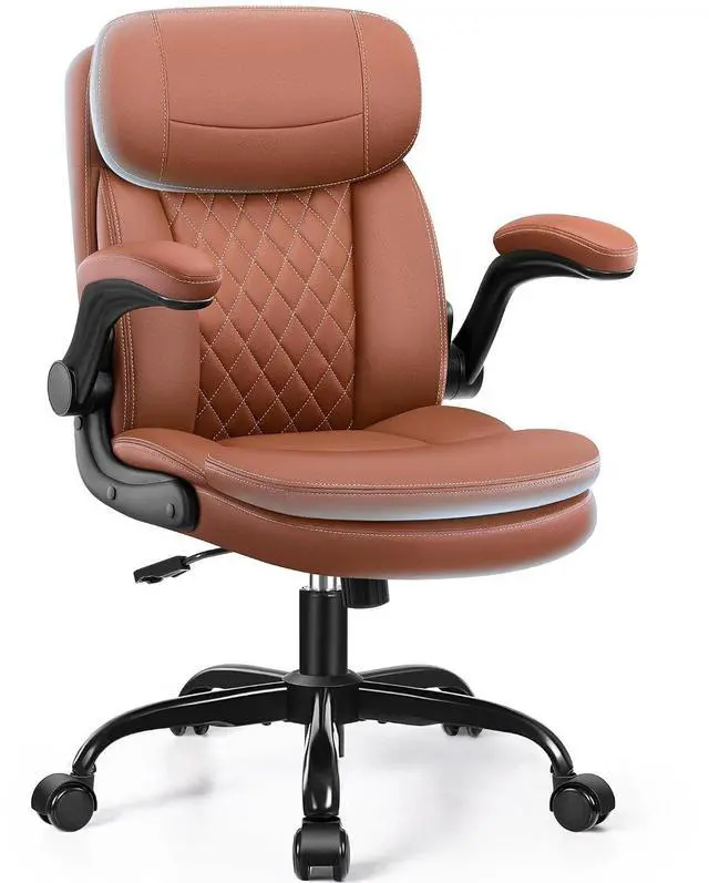 Main image of Leather Office Chair, Upgraded PU Computer Desk Chairs with Double-Layer Seat Cushion and Neckrest, 360°Swivel, Ergonomic Small Gaming Chair with Wheels and Adjustable Armrests for Short People, Brown