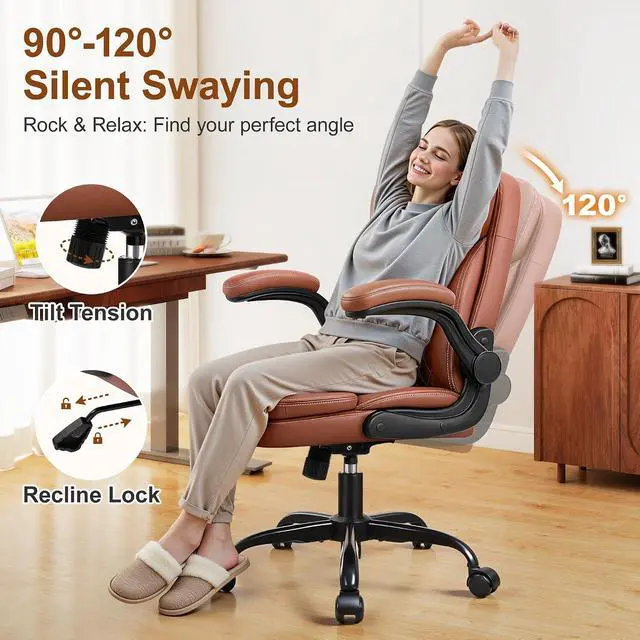 Alt view image 7 of 7 - Leather Office Chair, Upgraded PU Computer Desk Chairs with Double-Layer Seat Cushion and Neckrest, 360°Swivel, Ergonomic Small Gaming Chair with Wheels and Adjustable Armrests for Short People, Brown