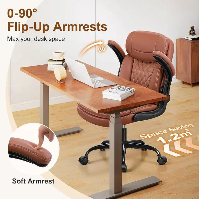 Alt view image 6 of 7 - Leather Office Chair, Upgraded PU Computer Desk Chairs with Double-Layer Seat Cushion and Neckrest, 360°Swivel, Ergonomic Small Gaming Chair with Wheels and Adjustable Armrests for Short People, Brown