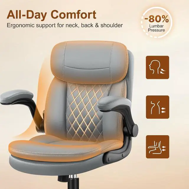 Alt view image 4 of 7 - Leather Office Chair, Upgraded PU Computer Desk Chairs with Double-Layer Seat Cushion and Neckrest, 360°Swivel, Ergonomic Small Gaming Chair with Wheels and Adjustable Armrests for Short People, Grey