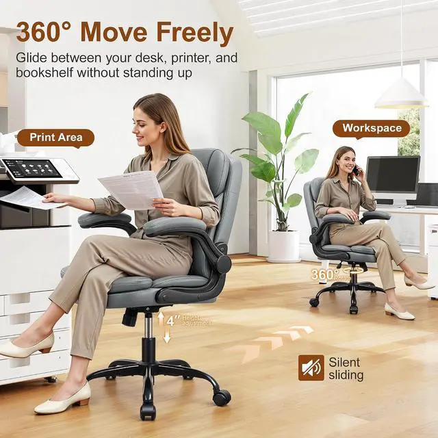 Alt view image 5 of 7 - Leather Office Chair, Upgraded PU Computer Desk Chairs with Double-Layer Seat Cushion and Neckrest, 360°Swivel, Ergonomic Small Gaming Chair with Wheels and Adjustable Armrests for Short People, Grey