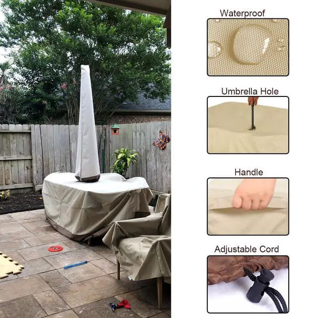 Alt view image 6 of 7 - Patio Table Chair Set Cover with Umbrella Hole Water-Resistant Outdoor Furniture Cover Rectangular / Oval Veranda Garden Table Covers (88x59x23in)