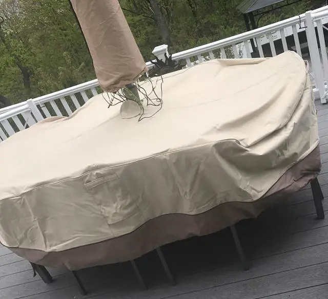 Alt view image 4 of 7 - Patio Table Chair Set Cover with Umbrella Hole Water-Resistant Outdoor Furniture Cover Rectangular / Oval Veranda Garden Table Covers (88x59x23in)
