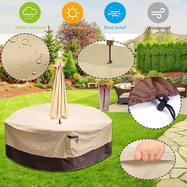 Alt view image 5 of 7 - Patio Table Chair Set Cover with Umbrella Hole Round Waterproof Bathtub Cover Water-Resistant Outdoor Furniture Cover Oval Veranda Garden Table Covers (94x23.6in)