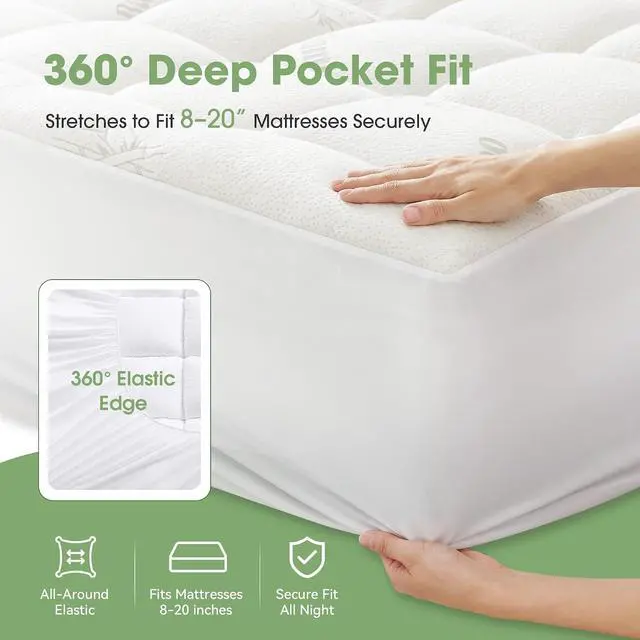 Alt view image 6 of 7 - Mattress Pad Queen Size, Cooling Pillow Top Mattress Topper, Ultra Soft Viscose Made from Bamboo, Breathable for Hot Sleepers, Deep Pocket 8"-20", White