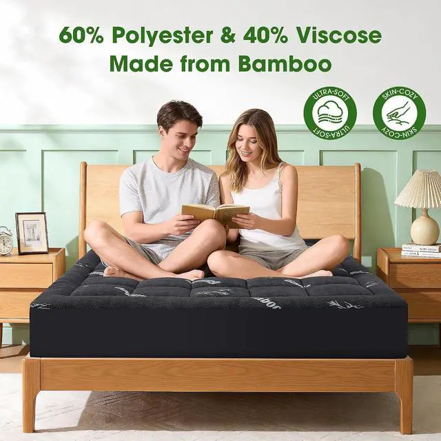 Alt view image 3 of 7 - Mattress Pad Queen Size, Cooling Pillow Top Mattress Topper, Ultra Soft Viscose from Bamboo, Breathable for Hot Sleepers, Deep Pocket 8"-20", Black