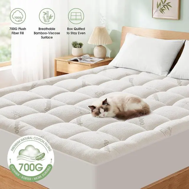 Alt view image 3 of 7 - Mattress Pad California King Size, Cooling Pillow Top Mattress Topper, Ultra Soft Viscose Made from Bamboo, Breathable for Hot Sleepers, Deep Pocket 8"-20", White