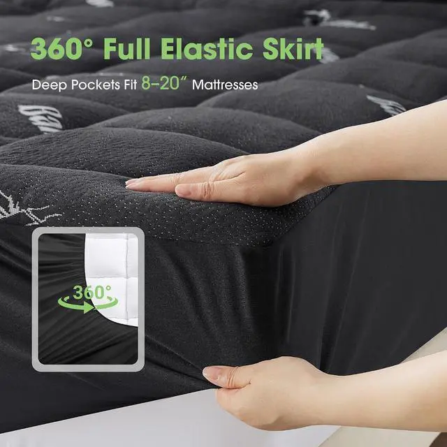 Alt view image 5 of 7 - Mattress Pad Queen Size, Cooling Pillow Top Mattress Topper, Ultra Soft Viscose from Bamboo, Breathable for Hot Sleepers, Deep Pocket 8"-20", Black