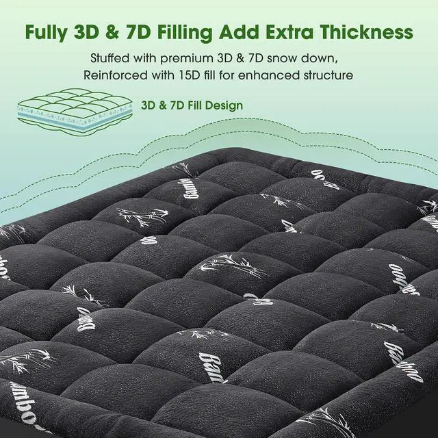 Alt view image 6 of 7 - Mattress Pad Queen Size, Cooling Pillow Top Mattress Topper, Ultra Soft Viscose from Bamboo, Breathable for Hot Sleepers, Deep Pocket 8"-20", Black