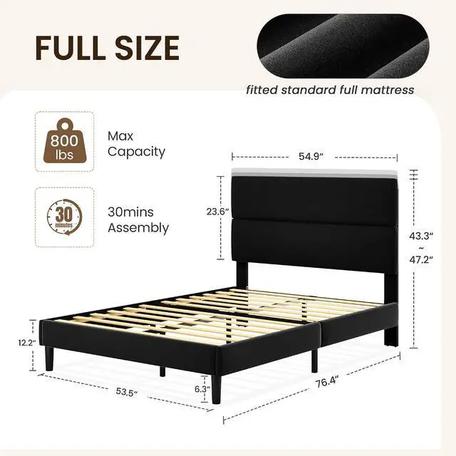 Alt view image 2 of 7 - Full Size Platform Bed Frame with Velvet Headboard, Adjustable Height Wooden Slats Support, Upholstered Mattress Foundation, Fits Mattress or Mattress with Box Spring, Easy Assembly, Black