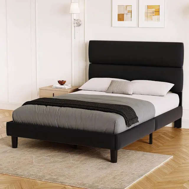 Alt view image 7 of 7 - Full Size Platform Bed Frame with Velvet Headboard, Adjustable Height Wooden Slats Support, Upholstered Mattress Foundation, Fits Mattress or Mattress with Box Spring, Easy Assembly, Black