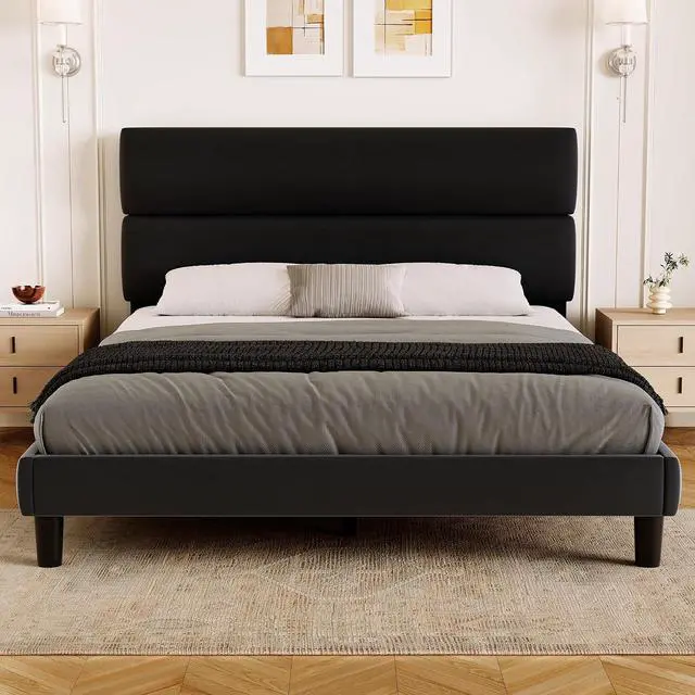 Main image of Queen Size Platform Bed Frame with Velvet Headboard, Adjustable Height Wooden Slats Support, Upholstered Mattress Foundation, Fits Mattress or Mattress with Box Spring, Easy Assembly, Black
