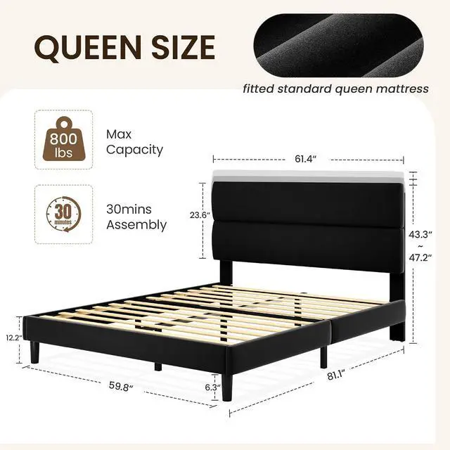 Alt view image 2 of 7 - Queen Size Platform Bed Frame with Velvet Headboard, Adjustable Height Wooden Slats Support, Upholstered Mattress Foundation, Fits Mattress or Mattress with Box Spring, Easy Assembly, Black