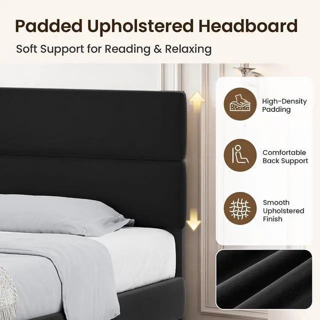 Alt view image 3 of 7 - King Size Platform Bed Frame with Velvet Headboard, Adjustable Height Wooden Slats Support, Upholstered Mattress Foundation, Fits Mattress or Mattress with Box Spring, Easy Assembly, Black